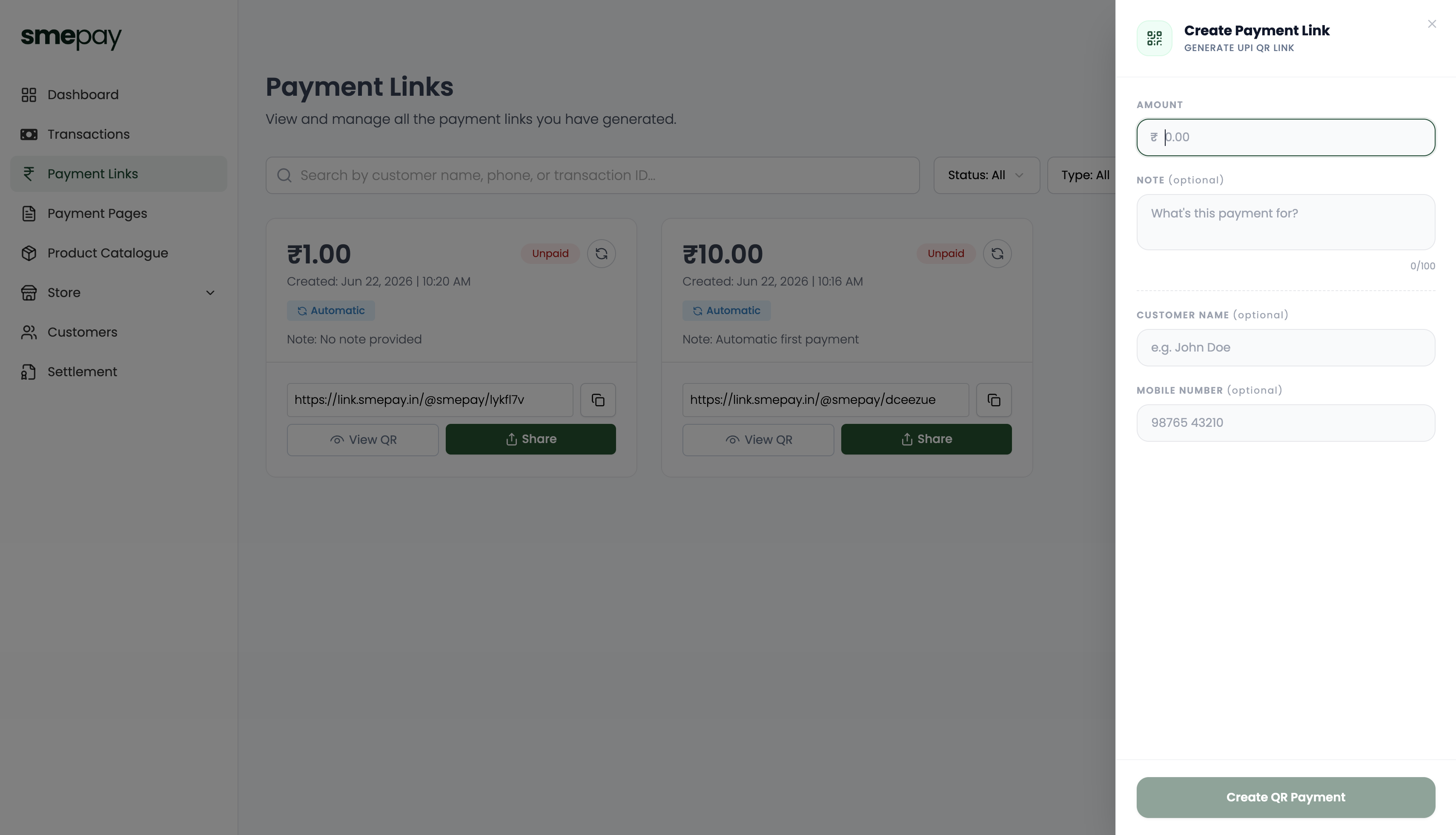 Create Payment Link Side Panel
