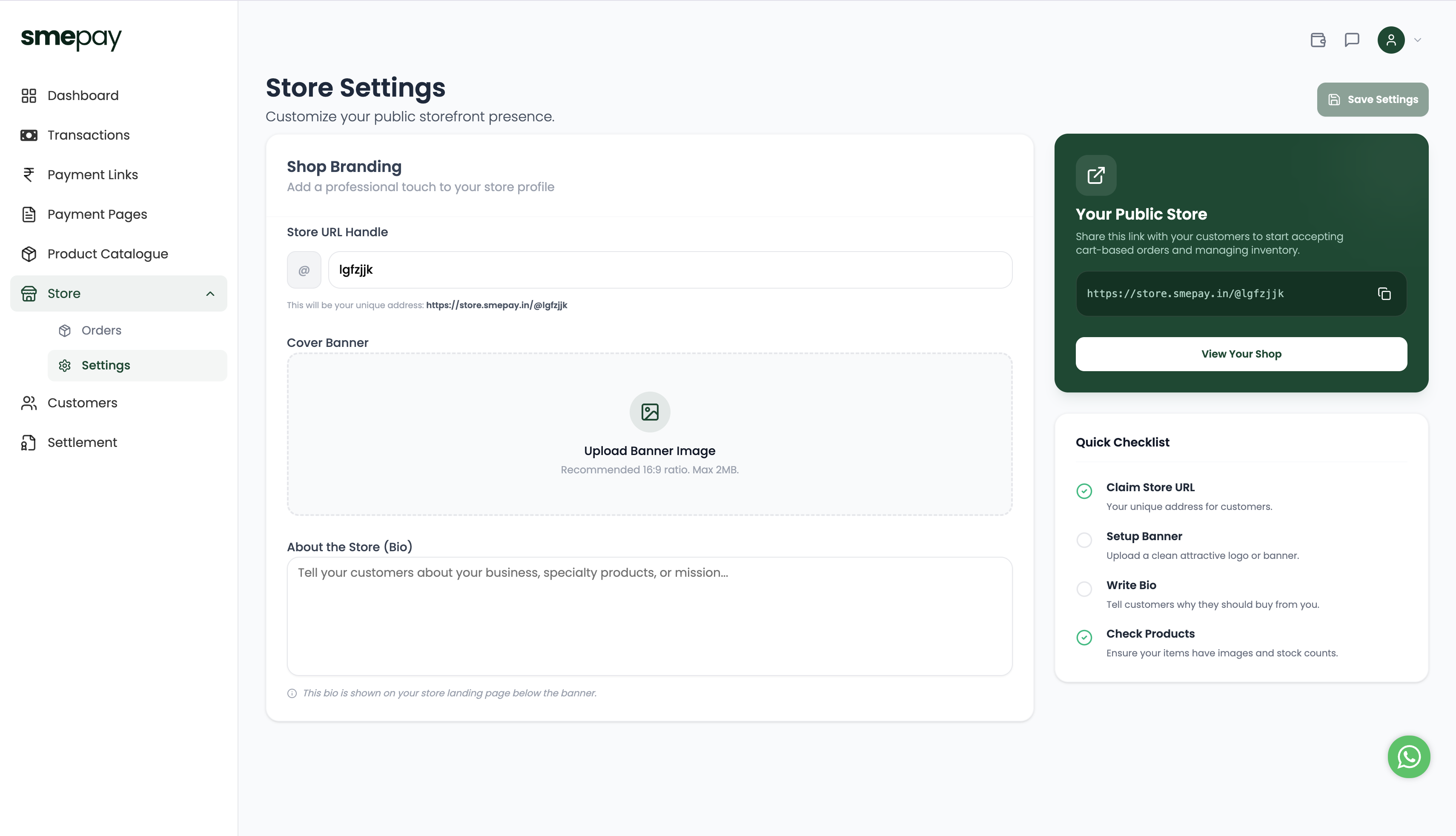 Store Settings Dashboard